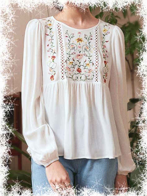 [AffiliateLink] White Boho Long Sleeve Viscose Floral Peplum Embellished Non-Stretch Spring/Fall Women Tops, Blouses And Tee #bohoblousesforwomen Embroidery Top Designs, Fashion Tops Blouse Unique, Top Embroidery Designs, Embroidery Tops For Women, Boho Tops For Women, Sewing Blouses, Lantern Sleeved Blouses, Spring Fashion Casual, Designer Kurtis