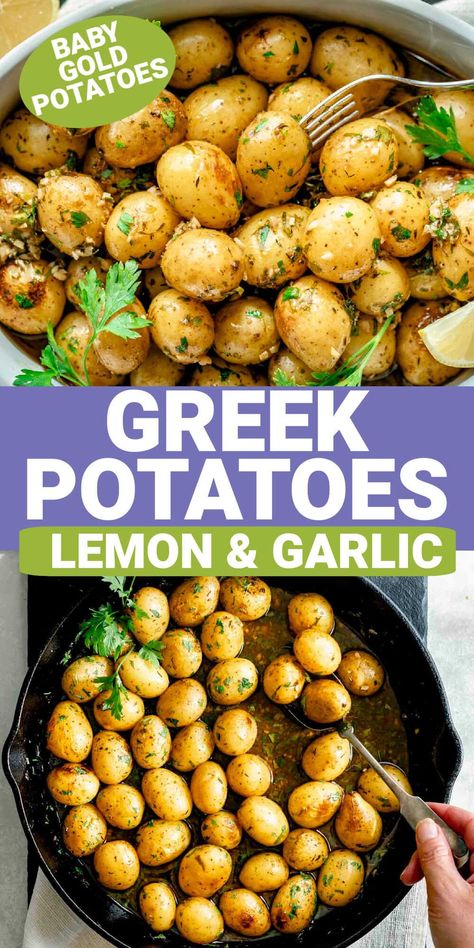 Meltingly tender roasted Greek-style potatoes are the perfect low-effort, high-reward side dish to pair with Greek food. They roast slowly with lemon and garlic, which acts almost like a marinade and deeply flavors the potatoes. Greek Potatoes Recipe, Greek Side Dishes, Greek Style Potatoes, Greek Roasted Potatoes, Lemon Roasted Potatoes, New Mediterranean, Greek Lemon Potatoes, Mediterranean Cookbook, Roasted Fingerling Potatoes