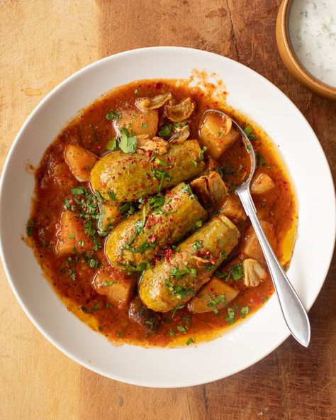 Bring out the best in this delicious vegetable by pairing this stuffed zucchini with Middle Eastern spices and a potato and eggplant stew. Eggplant Stew, Zucchini Vegetable, Middle Eastern Style, Vegan Fish, Stuffed Zucchini, Veggie Stock, A Potato, Delicious Vegetables, Yogurt Sauce