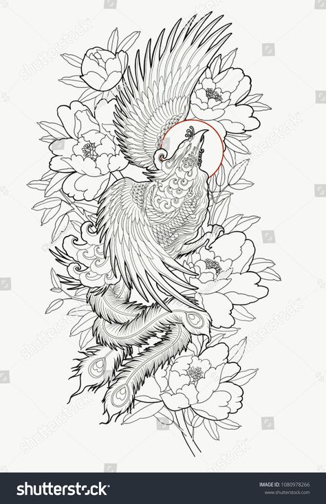 Hand drawn phoenix and flower outline tattoo design. Flower Outline Tattoo, Tattoo Japonais, Tato Phoenix, Japanese Phoenix Tattoo, Outline Tattoo, Phoenix Tattoo Design, Japan Tattoo Design, Flower Outline, Initial Tattoo