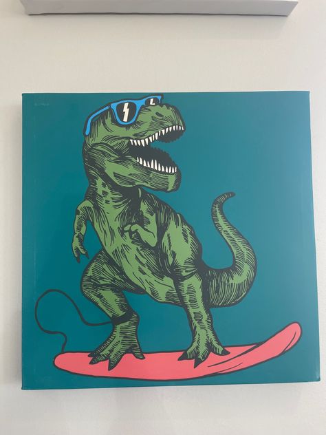 Dinosaur Painting Acrylic Easy, T Rex Painting Easy, Easy Dinosaur Painting On Canvas, Dinosaur Painting Ideas, Dinasour Painting, Dinosaur Canvas Painting, Dino Painting, Dino Drawing, Boy Room Paint