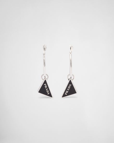 Black Prada Symbole Drop Earrings | PRADA Prada Earrings, Jewel Logo, Prada Gifts, Women Lipstick, The Triangle, Style Punk, Silver Jewelry Fashion, Triangle Logo, New Line