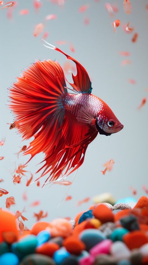 Elegant Betta Swim: A #vibrant red Betta #fish elegantly swims among scattered colorful pebbles in a #tranquil environment. #betta #aquarium #vibrancy #red #aiart #aiphoto #stockcake ⬇️ #Download and 📝 #Prompt 👉 https://stockcake.com/i/elegant-betta-swim_802012_988735 Red Betta Fish, Colorful Pebbles, Betta Aquarium, Fish Swimming, Freshwater Aquarium, Water Plants, Betta Fish, Aquarium Fish, Vibrant Red