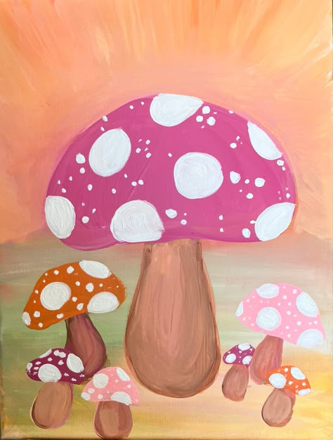 Purple Mushrooms Art, Easy Diy Mushroom Painting, Orange Mushroom Drawing, Paint And Sip Mushroom, Easy Painting Ideas Mushrooms, Mushroom House Painting Easy, Mushrooms To Paint, Things To Paint Mushroom, Mushroom Easy Painting