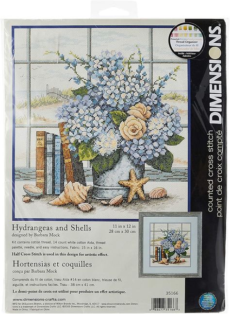 Dimensions Needlecrafts Counted Cross Stitch, Hydrangeas and Shells : Amazon.ca: Home Seashell Cross, Thread Organization, Thread Holder, Cat Cross Stitch, Counted Cross Stitch Kits, Stitch Kit, Cross Stitch Kits, Cross Stitch Kit, Amazon Art