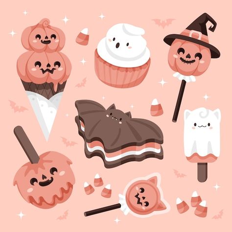 Kawaii Halloween Dessert, Spooky Drawings Halloween, Kawaii Halloween Drawings, Halloween Food Illustration, Kawaii Halloween Aesthetic, Spooky Food Drawing, Halloween Food Drawing, Halloween Kawaii Drawings, Halloween Cute Art