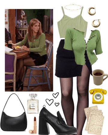 Rachel Green Spring Outfit, Friends Dress Outfit, Rachel Green Mini Skirt Outfit, Rachel Green Green Outfit, Rachel Skirt Outfit, Rachel Green Christmas Outfit, 90s Green Outfit, Rachel Green Accessories, Outfit Ideas Rachel Green