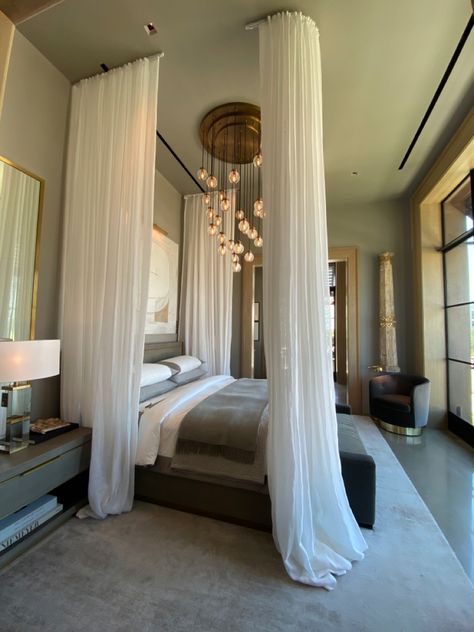 Ceiling Curtains Behind Bed, Master Bed Canopy, Dreamy Canopy Bed, Tufted Canopy Bed, Modern Bed Canopy, Canopy Ceiling Draping Bedroom, Canopy Bed High Ceiling, Curtain Bed Frame, Curtains Around Bed Diy