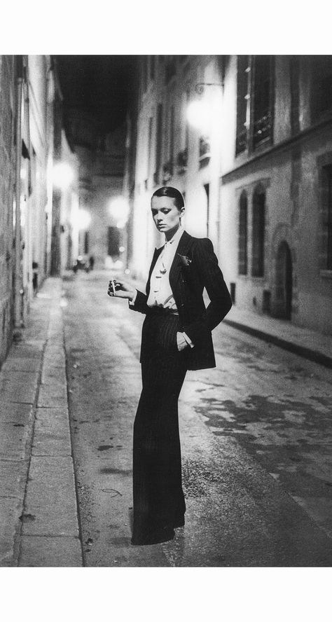 Vibeke Knudsen Rue Aubriot, French Vogue  Paris September 1975  White Women  series YsL “Le Smoking” © Helmut Newton Sirpa Lane & Vibeke Knudsen Blake Lively Suit, Nadja Auermann, Woman In Suit, Isabella Rossellini, French Vogue, Melanie Griffith, Tuxedo Women, Suit Pin, Helmut Newton