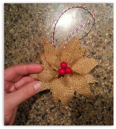 how to make burlap poinsettia christmas ornaments, christmas decorations, crafts, seasonal holiday decor Hessian Crafts, Burlap Poinsettia, Burlap Christmas Ornaments, Ornaments Homemade, Burlap Crafts, Burlap Christmas, Rustic Christmas Tree, God Jul, Holly Berry