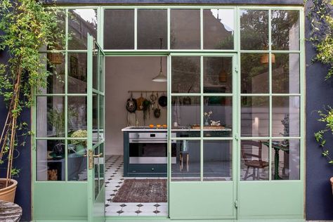 Breakfast Room Green, Yellow Chandelier, Crittal Windows, Vibrant Living Room, London Townhouse, Townhouse Designs, London House, Grand Homes, Kitchen Extension