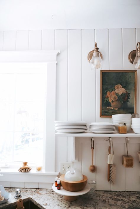 Shiplap Kitchen Backsplash, English Cottage Kitchens, Vertical Shiplap, Kitchen Open Shelves, Shiplap Kitchen, Shiplap Backsplash, Beadboard Backsplash, Open Kitchen Shelves, White Shiplap