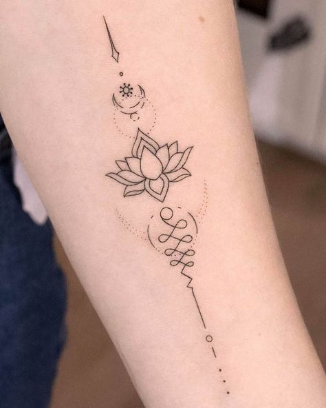 63 Soulful Lotus Tattoos with Meaning - Our Mindful Life Sanskrit Lotus Tattoo, Lotus Unalome Tattoo Back, Lotus Tattoo With Meaning, Tattoo Ideas Female Lotus Flower, Unalome Lotus Tattoo Female Design, Lotus Design Tattoo, Fine Line Symbol Chain Tattoo, Unalome Tattoo Female Design Arm, Fine Line Unalome Tattoo