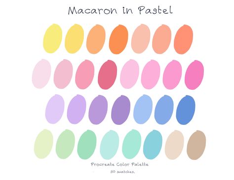 "MACARON IN PASTEL Color Palette This palette is inspired by \"MACARON\" Procreate color palettes are very convenient for graphic design work. It will help you to choose the right color for the job without spending a lot of time, I have created this color scheme from what some really interesting things to bring to you. So that you can use it to create work as you imagine. You will receive * Procreate swatches Palette File. [Must be used with Procreate app on ipad] Download and open it up in Proc Procreate Swatches, Procreate Color Palettes, Color Palette Procreate, Graphic Design Work, Pastel Color Palette, Hex Color Palette, Pastel Colour Palette, Pastel Palette, Color Palette Design