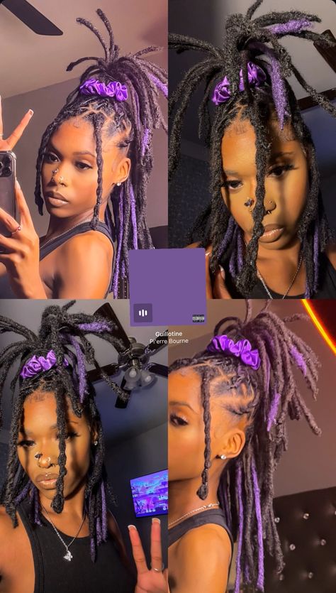 Locs Hairstyles For Women Dyed, Curled Loc Styles, Dreadlock Dye Ideas For Black Women, Two Toned Locs, Locs Color Combo, Colors To Dye Your Locs, Cute Dreadlocks Hairstyles, Loc Dye Ideas Purple, Loc Colors Black Women