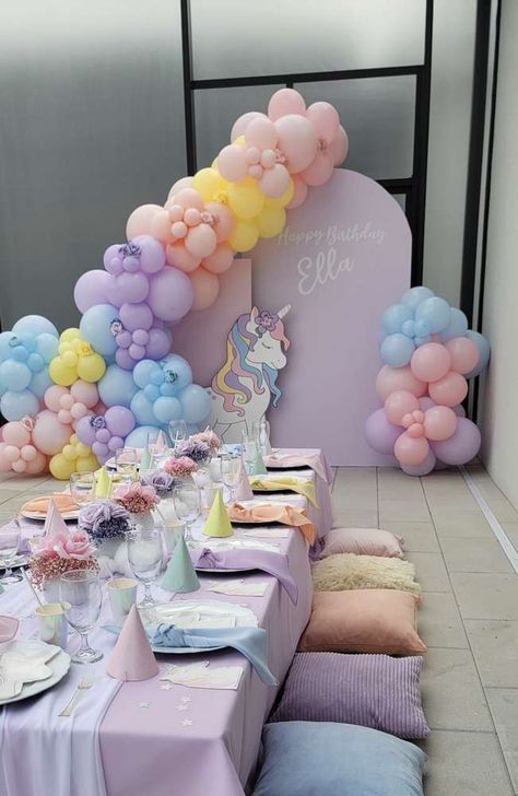 First Bday Unicorn Theme, Unicorn Birthday Setup, Pastel Rainbow And Unicorn Party, Unicorn Themes For Birthday, Pastel Colors Decoration Party, 1st Birthday Party Unicorn Theme, Unicorn 1st Birthday Party Decorations, Unicorn Theme First Birthday, Unicorn Bday Decorations