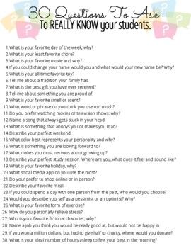 Questions that move beyond, what's your favorite color, food, etc. REALLY get to know your students with this fun and thought provoking questions. Could be used in several ways:1. Students draw a number and answer the corresponding question2. Ask all students the same question each day and warm-up / check-in prompt3. Divide questions among partners or groups and have students answer each other then introduce one another.3. Inspiration for your own fun activity. Creative Questions, Questions To Ask Your Students, Activities To Get To Know Each Other, This Or That Questions For Kids, Question Of The Week, Get To Know Questions, Best Get To Know You Questions, Question To Ask Your Siblings, Silly Get To Know You Questions