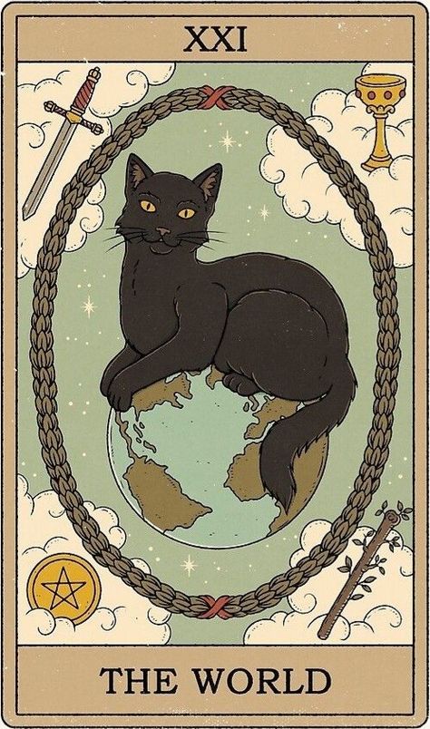 The Moon Cat Tarot, Cat Deck Of Cards, Cat Tarot Cards, Tarot Card Poster, Tarot Cards Art Illustration, The World Tarot Card, The World Tarot, Poster Cat, World Cat