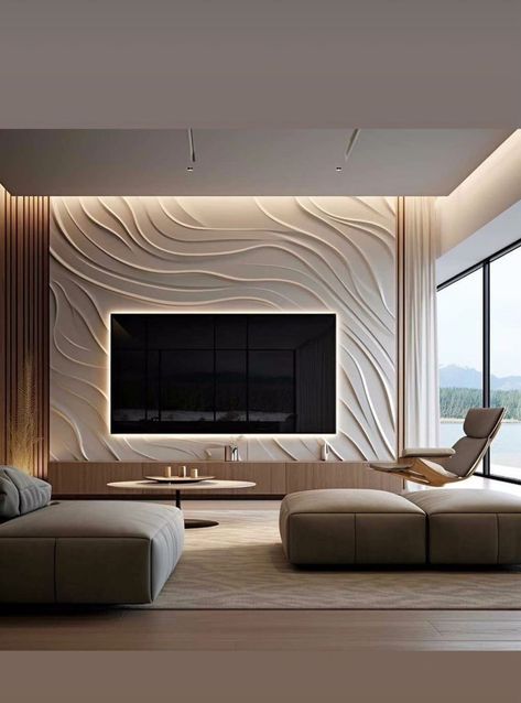 Futuristic Tv Wall, Large Tv Wall Design, Lobby Tv Unit Design, Living Wall Design Modern, Textured Tv Wall Ideas, Tv Lounge Ideas Modern, Trending Wall Designs, Futuristic Tv Unit Design, Lcd Wall Design Living Room Tv