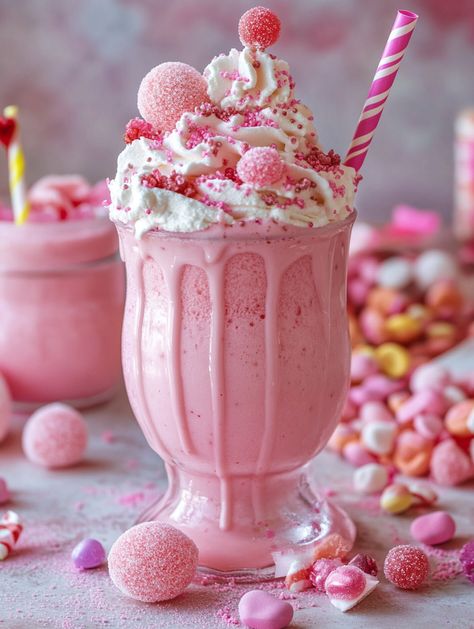 Pink Candy Freakshake 🍬  🍬 𝗜𝗻𝗴𝗿𝗲𝗱𝗶𝗲𝗻𝘁𝘀 🍬 • 2 cups strawberry ice cream 🍓 • 1 cup milk 🥛 • 1/2 cup strawberry syrup 🍓 • Pink food coloring (a few drops) 🎨 • Whipped cream 🍦 • Pink cotton candy 🍬  • Pink sprinkles 🌸 • Assorted pink candy (e.g., lollipops, gummy bears, rock candy) 🍬 • Pink wafer sticks 🍪 • Pink edible glitter ✨ Wafer Sticks, Pink Milkshake, Pink Sprinkles, Pink Desserts, Pink Food, Pink Food Coloring, Strawberry Syrup, Pink Things, Strawberry Milkshake