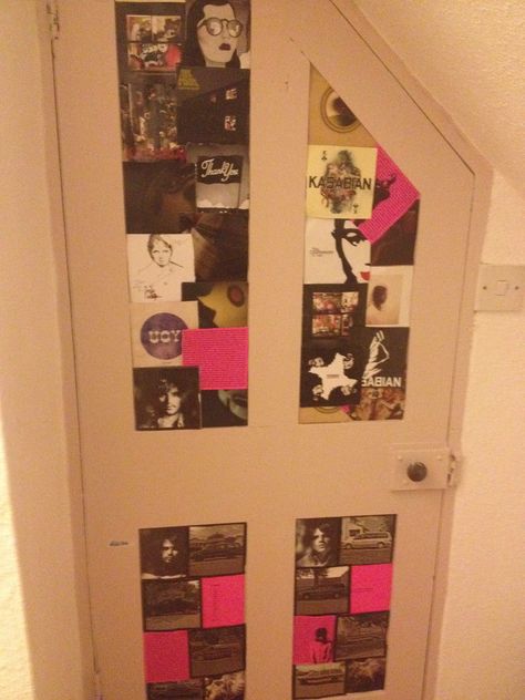 Pat's new bedroom door, decorated with old album covers! Decorated Bedroom Door, Decorated Doors Bedroom, Old Album Covers, Decorated Bedroom, Decorated Doors, Doors Bedroom, Cover Door, New Bedroom, Bedroom Door