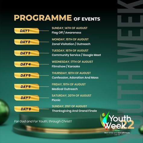 Event Programme Design, Program Flow Pubmat, Calendar Of Events Design, Fyb Week Flyer Design, Program Schedule Design, Youth Week Flyer Design, Youth Event Ideas, Church Poster Ideas, Concert Poster Design