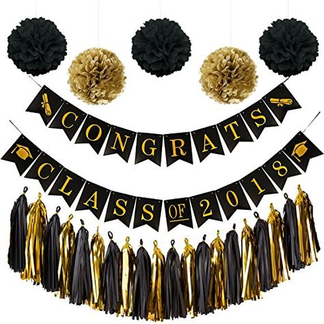 Class Party Decoration Ideas, Black And Gold Graduation Party Ideas, Classroom Party Decorations, Graduation Decoration Ideas, Gold Graduation Decorations, Black And Gold Graduation, Paper Projects Diy, Gold Graduation Party, Graduation Party High