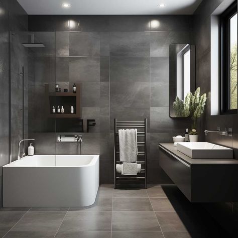 How Grey Can Elevate Your Luxury Modern Bathroom Design • 333+ Images • [ArtFacade] Dark Grey Modern Bathroom, Gray Themed Bathroom, Grey Bathroom Ideas Modern, All Grey Bathroom, Dark Grey Bathroom Ideas, Bathroom Interior Design Modern Grey, Anthracite Bathroom, Modern Bathroom Design Grey, Dark Grey Bathroom