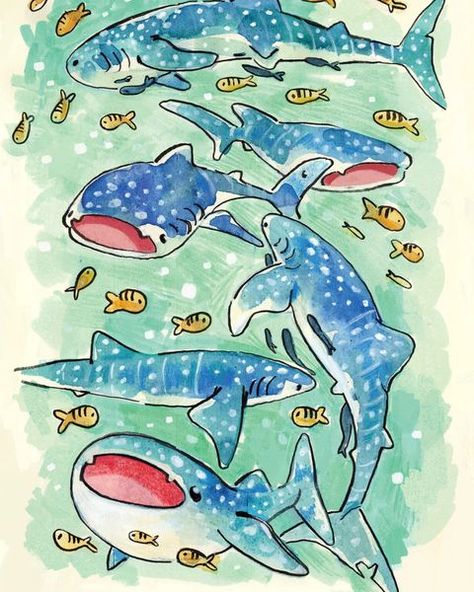 Marine Animal Art, Watercolor Art Doodles, Jelarts Drawings, Aquatic Life Drawing, Ocean Art Aesthetic, Sea Creatures Sketch, Sea Creature Doodles, Cute Shark Art, Ocean Animals Drawing