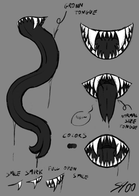 Sharp Tongue Drawing, Different Types Of Tails Drawing, Monster Tounge Out Drawing, Snake Teeth Drawing, Monster Tongue Reference, Tongue Rendering, Creepy Mouth Drawing Reference, Horror Mouth Drawing, Frown Lips Drawing