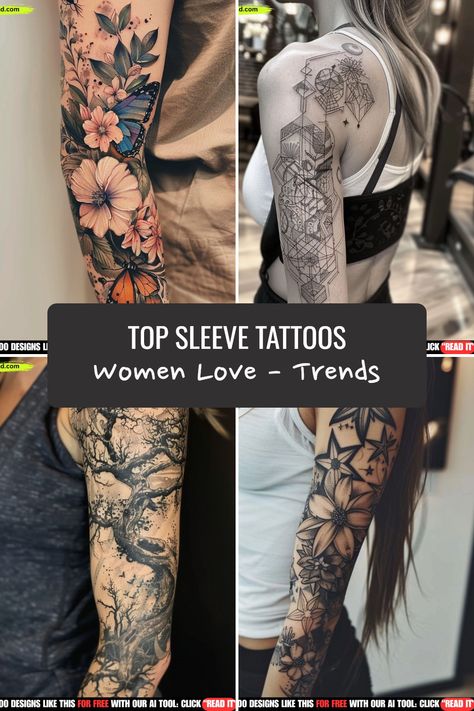 Discover the trendiest sleeve tattoos for women, from intricate designs to bold statements. Explore this collection for inspiration and express your unique style through art on your skin. Find new tattoo ideas to elevate your look and make a statement. Despite being a timeless tradition, sleeve tattoos continue to evolve with modern flare, offering endless possibilities for self-expression Women Sleeve Tattoo Designs, Tattoo Sleeve Starters For Women, Themed Tattoo Sleeve Women, How To Connect Tattoos For A Sleeve, In Love Tattoos For Women, Women’s Sleeve Tattos, Sleeves Tattoos Women, Women’s Forearm Tattoo Ideas, Tattoo Sleeve Ideas Women