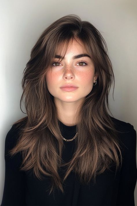 Haircut Black Hair Medium, Long Layer Thick Hair, Haircuts For Round Oval Face Shape, Layered Hair Around The Face, Long Shag Haircut Unstyled, Low Maintenance 70s Haircut, Long Shag With Face Framing Layers, Long Layers With Curtain Bangs Long Hair Straight, Low Maintenance Layered Hair