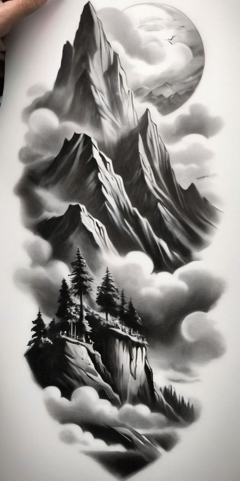 Landscape Tattoos, Wilderness Tattoo, Berg Tattoo, Tree Sleeve Tattoo, Shadow Tattoo, See Tattoo, Mountain Tattoo Design, Landscape Tattoo, Cloud Tattoo