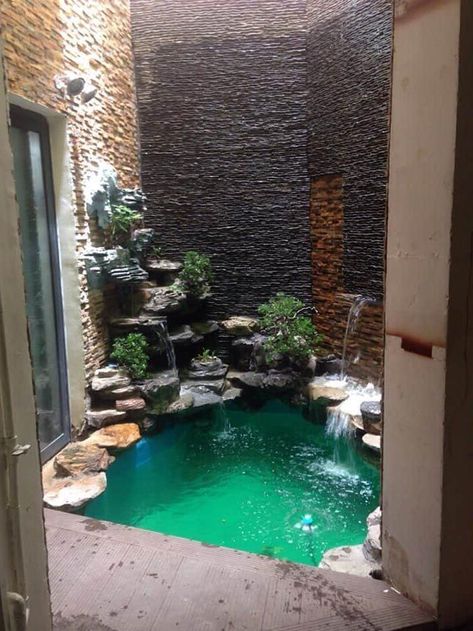 Outdoor ponds with waterfalls Ponds With Waterfalls, Indoor Pond, Mini Pond, Kolam Koi, Fish Pond Gardens, Taman Air, Garden Pond Design, Outdoor Ponds, Pond Waterfall