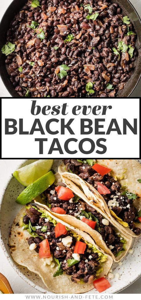 These simple Black Bean Tacos are so easy to make from pantry staples, and the filling cooks in no time. So flavorful and satisfying that you'll never miss the meat! Black Bean Tacos Vegetarian, Black Bean Vegan Tacos, Low Calorie Black Bean Recipes, Black Beans For Burrito Bowl, Black Beans For Tacos, Black Beans Recipe, Vegetarian Ideas, Pantry Recipes, Veggie Tacos