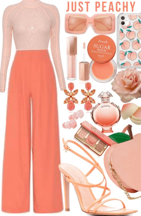 Light Peach Outfit, Coral Monochromatic Outfit, Peach Themed Outfit, Peach Fuzz Color Outfit, Peach Fuzz Outfit Ideas, Peach Colored Outfits, Peach Color Outfits Fashion Ideas, Peach Colour Outfit, Peach Outfits For Women