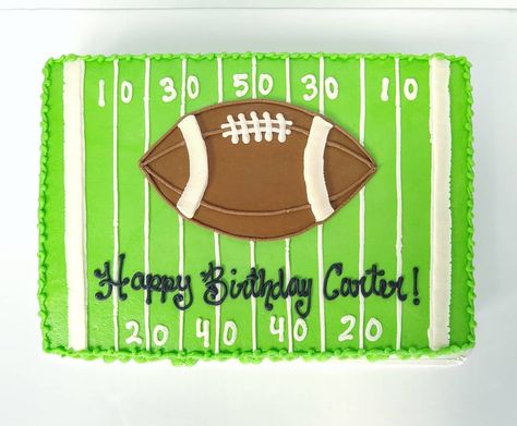 Birthday cake for the football lover!  Buttercream drawing. . . #allbuttercream #buttercreamcake #buttercreamlove #buttercreambakery…#sheetcake #sheetcakes #quartersheetcake #decoratedsheetcake #rectangularcake Football Cake For 1st Birthday, Football Sheet Cake Ideas, Football Sheet Cake, Football First Birthday Cake, First Year Down Cake, Football Birthday Cake Boys, Sheet Cake Football Theme, First Down Birthday Cake, Buttercream Football Cake