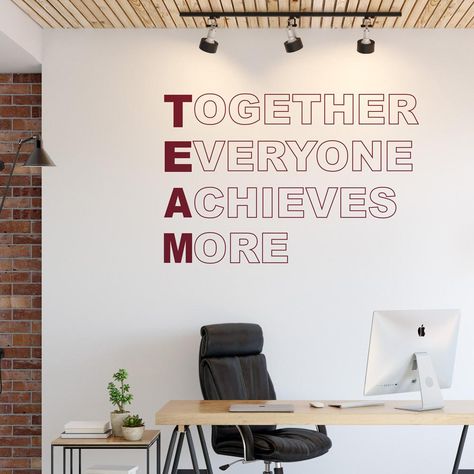 This Team wall sticker is perfect for offices and workshops, it reads 'Together Everyone Achieves More'.  This office wall decal is available in various sizes and can be made in any colour you like.  Available Sizes:  Small - 30cm long x 18cm high Medium - 56cm long x 34cm high Large - 65cm long x 40cm high XL - 91cm long x 56cm high 2XL - 125cm long x 76cm high 3XL - 196cm long x 120cm high Custom - we can make this to your exact requirements, contact us Together Everyone Achieves More, Team Office, Law Office Decor, Office Wall Design, Small Office Design, Business Quote, Office Wall Decals, Office Team, Wall Graphic