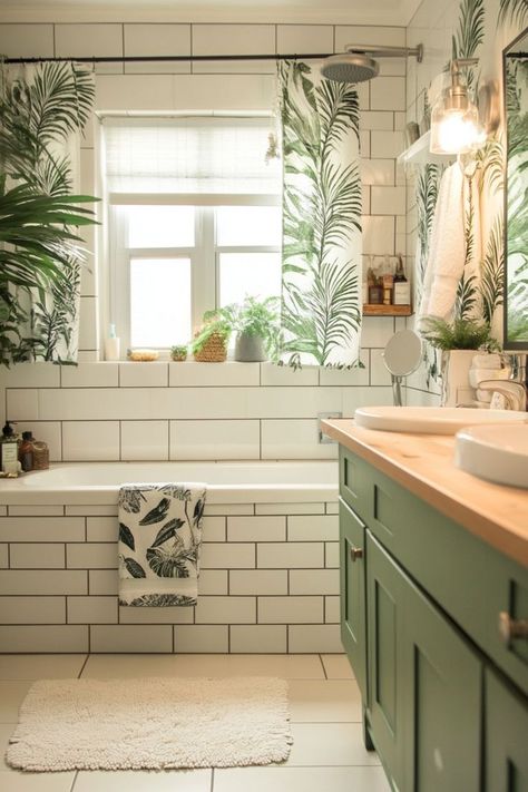 Bring nature into your bathroom with an urban jungle makeover. Add plenty of moisture-loving plants like ferns, snake plants, and pothos to create a fresh, relaxing environment. Use natural materials like wood, bamboo, and stone to complement the greenery and create a spa-like feel. 🪴🌿 Rainforest Inspired Bathroom, Jungle Bathroom Theme, Jungle Themed Bathroom, Forest Themed Bathroom, Foliage Bathroom, Rainforest Bathroom Ideas, Jungle Theme Bathroom, Jungle Bathroom Ideas, Nature Bathroom Ideas