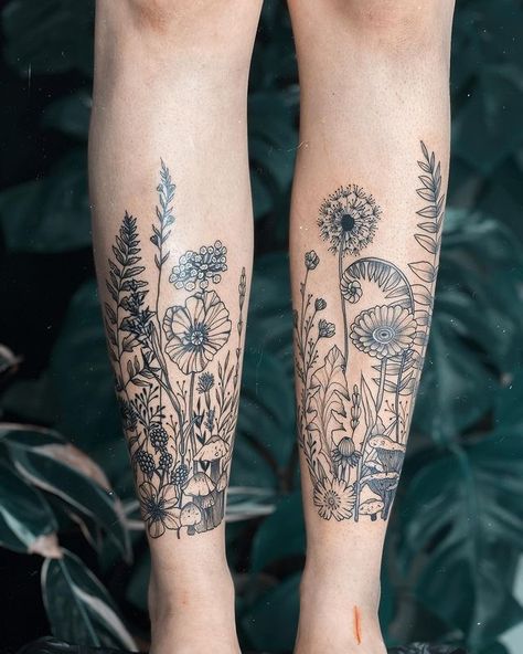 Botanical Tattoo Sleeve, Flower Leg Tattoos, Collage Tattoo, Garden Tattoos, Wildflower Tattoo, Floral Tattoo Sleeve, Wild Garden, Leg Tattoos Women, Leg Sleeve Tattoo