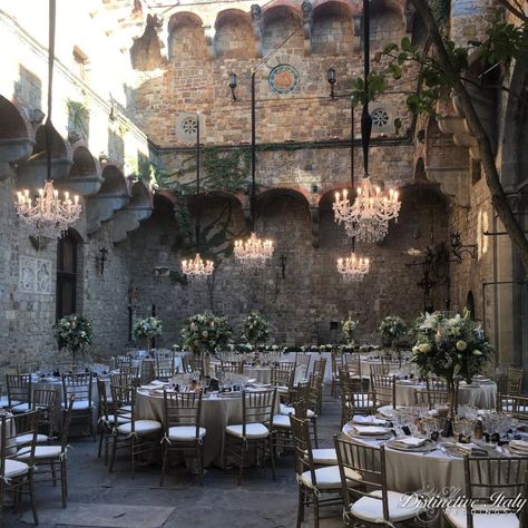 Italian castle courtyard for beautiful wedding reception. Wedding in Tuscany. Wedding Venues Old Castle, Italy Courtyard Wedding, Wedding Decor Castle, Tuscany Italy Aesthetic Wedding, Castle Reception Wedding, Wedding Reception Castle, Tuscany Castle Wedding, Abandoned Castle Wedding, Castle Wedding Aesthetic Reception