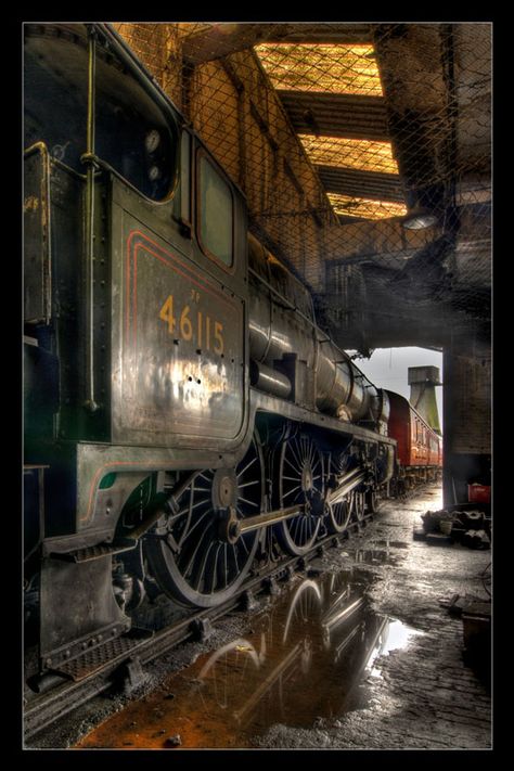 "In the Shed" Steam Locomotive resting in one of the old engine sheds at Carnforth. Photographer: Simon Bull Simon Bull, Bull Images, Steam Trains Uk, Old Steam Train, Flying Scotsman, Steam Engine Trains, Old Train Station, Steam Railway, Train Art