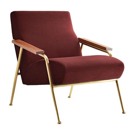 London Arm Chair (Brass, Velvet, Red Wine) - Armchairs - Living Room - FURNITURE Red Armchair Living Room, Accent Chairs Mid Century, Cognac Armchair, Red Velvet Armchair, Hsr Layout, Salon Chairs For Sale, Red Velvet Chair, Black Velvet Chair, Red Velvet Chair Vintage