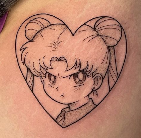 Heart Anime Tattoo, Girly Anime Tattoo Ideas, Usagi Tattoo, Sailor Moon Tattoo Design, Ff7 Tattoo, Kawaii Flash Tattoo, Sailor Moon Tattoo Ideas, Flash Tattoo Anime, Stipple Tattoo