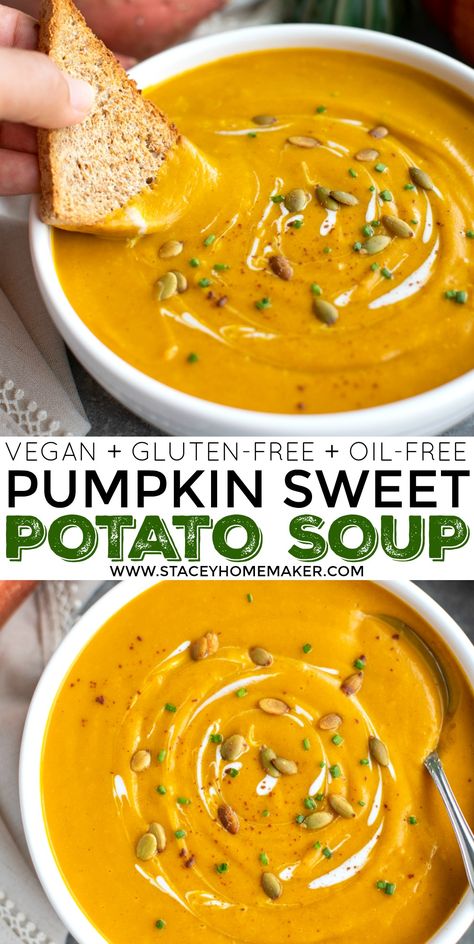 Pumpkin Sweet Potato Soup, Pumpkin Sweet Potato, Soup Pumpkin, Pumpkin Recipes Dinner, Puree Recipes, Pumpkin Puree Recipes, Sweet Potato Soup Recipes, Pumpkin Recipes Healthy, Sweet Soup