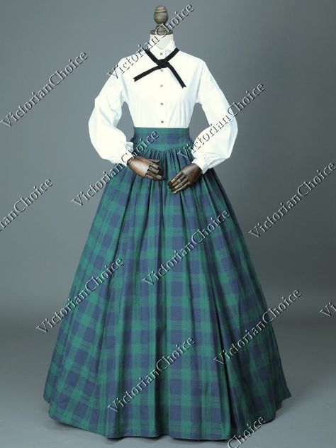 Vintage country plaid patterned Victorian skirt in cotton blends with a white dress shirt. Lower Class Victorian Dress, Casual Victorian Dress, Victorian Dress Gowns 19th Century, Victorian Womens Fashion, 19th Century Fashion Women, 18th Century Dress Pattern, Victorian Era Dress, Little Women Dresses, Little Women Costumes