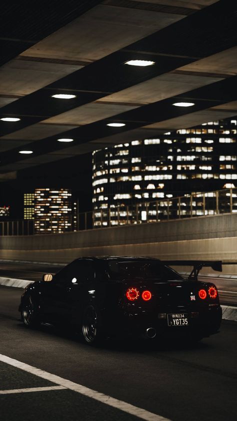 Black Sports Car, Cool Desktop Backgrounds, Black Building, Creepy Backgrounds, Cross Pictures, Rainbow Pictures, R34 Gtr, Nissan Skyline Gt, Nissan Gtr Skyline