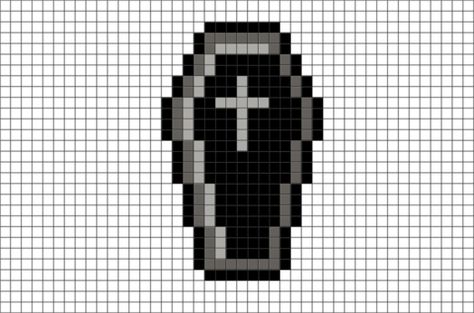 Acnh Coffin Design, Pixelated Art Easy, Coffin Cross Stitch, Coffin Pixel Art, Grim Reaper Pixel Art, Pixel Halloween Art, 8 Bit Pixel Art Pattern, Bat Pixel Art, Scary Pixel Art