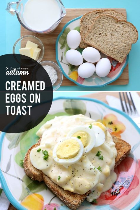 Creamed eggs on toast recipe! Great way to use up all those hardboiled eggs at Easter. Creamed Eggs Recipe, Creamed Eggs On Toast Recipes, Goldenrod Recipe, Boiled Egg Breakfast Ideas, Hard Boiled Egg Recipe, Creamed Eggs On Toast, Boiled Egg Recipe, Easy Hard Boiled Eggs, Eggs On Toast