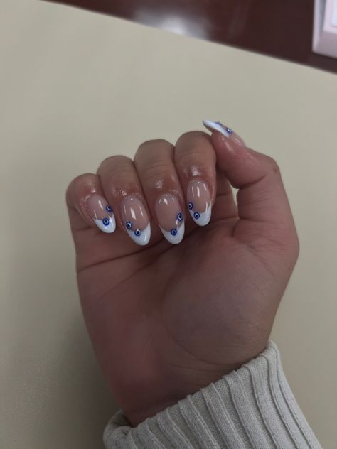 White Shalac Nails, Nail Inspo Coffin Evil Eye, French Tip With Evil Eye Nails, Heart Evil Eye Nails, Greek French Tip Nails, Holiday Nails Evil Eye, Nails Evil Eye French Tip, Turkish Eye Acrylic Nails, Nails With Greek Eye